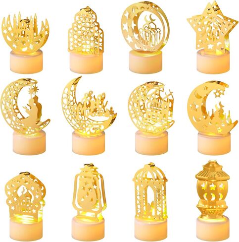 12 Pcs Ramadan Decorations Eid Mubarak Lamp with Battery Mini Lantern Lights Decoration Night Castle Islamic Moon Star LED Lights Decor for Tabletop Bedroom Home Indoor Outdoor Party Gift in Saudi Arabia
