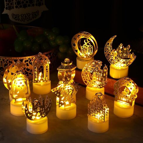12 Pcs Ramadan Decorations Eid Mubarak Lamp with Battery Mini Lantern Lights Decoration Night Castle Islamic Moon Star LED Lights Decor for Tabletop Bedroom Home Indoor Outdoor Party Gift in Saudi Arabia