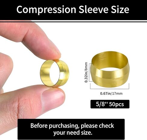 MuHize 5/8 بوصة OD حلقات أكمام ضاغطة - 50 حزمة من الحلقات النحاسية ذات الأكمام المضغوطة مجموعة متنوعة لأنابيب الهواء وزيت الماء in Kuwait