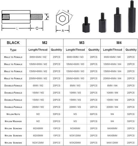 LitOrange 320PCS M3 Male Female Nylon Hex Spacer Standoff Screw Nut Threaded Pillar PCB Motherboard Assorted Assortment Kit (Black) in Saudi Arabia