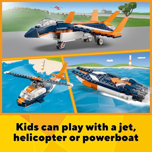 LEGO Creator 3 in 1 Supersonic Jet Plane Toy Set, Transforms from Plane to Helicopter to Speed Boat Toy, Buildable Vehicle Models for Kids, Boys and Girls 7 Plus Years Old, 31126 in Saudi Arabia