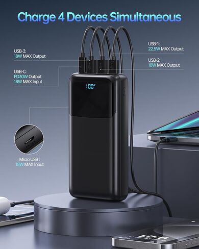 شاحن محمول باور بانك 50000 مللي أمبير، USB-C PD 30 وات وQC 4.0 حزمة بطارية خارجية للشحن السريع مع 4 مخارج ومدخلين، شاحن هاتف بشاشة رقمية لهاتف iPhone 15/14/13/12/11، Samsung، Android in Saudi Arabia