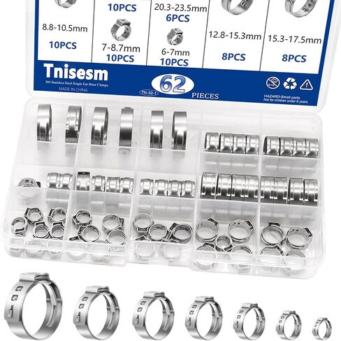 Tnisesm 62Pcs Single Ear Hose Clamp 1/4-59/64 Inch Stepless Cinch Rings Crimp Assortment Kits for Water Pipe, Plumbing and Automotive Use in Saudi Arabia