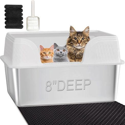 Extra Large Stainless Steel Cat Litter Box with High Sides Lid Enclosure Scooper Mat for Large Cats or Senior Cats or Multiple Cats Easy Clean No Smell XXL Big Enclosed Metal Kitty Litter Box White in Kuwait