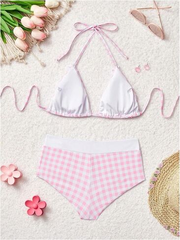 Shenhe Women's Y2K gingham bow bikini مجموعة 2 قطعة مثلث الرسن boyshort ملابس السباحة in Kuwait