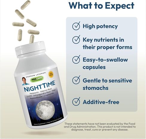 ANDREW LESSMAN Night Time 30 Capsules - 3mg Melatonin, Valerian, Ashwagandha, Passionflower, Hops, Chamomile. No Morning Grogginess. Natural Support, Gentle Restful Sleep. Easy to Swallow Capsules in Saudi Arabia