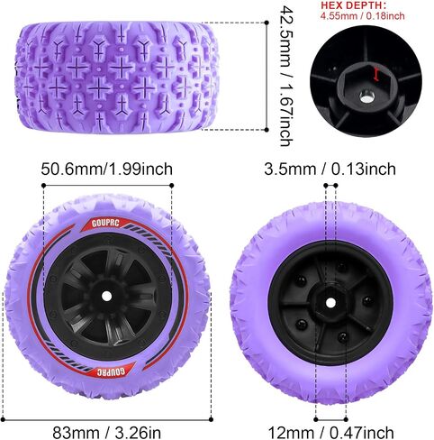 GOUPRC 12mm Hex RC Wheel Tires with Hood Pins Retainer Lock Clip Kit, 3.26 * 1.67 Inches 4PCS Swamp Claw Mud Terrain Tires Accessories for 1/14 1/16 RC Car Crawler Buggy Truck in Saudi Arabia