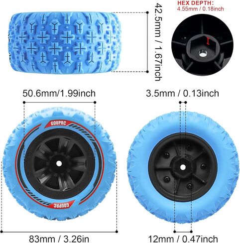 GOUPRC 12mm Hex RC Wheel Tires with Hood Pins Retainer Lock Clip Kit, 3.26 * 1.67 Inches 4PCS Swamp Claw Mud Terrain Tires Accessories for 1/14 1/16 RC Car Crawler Buggy Truck in Kuwait