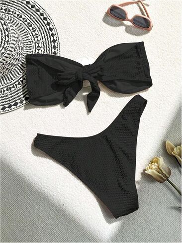 MakeMeChic Women's Two Piece Bikini Set 3D Flower Textured Strapless Bandeau Tie Back Bathing Suit in Saudi Arabia