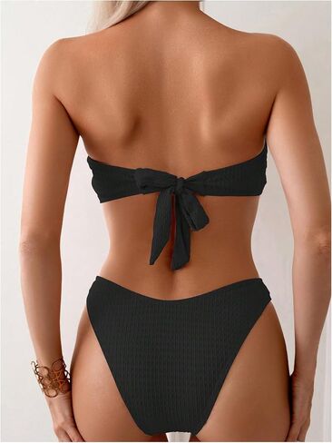 MakeMeChic Women's Two Piece Bikini Set 3D Flower Textured Strapless Bandeau Tie Back Bathing Suit in Saudi Arabia