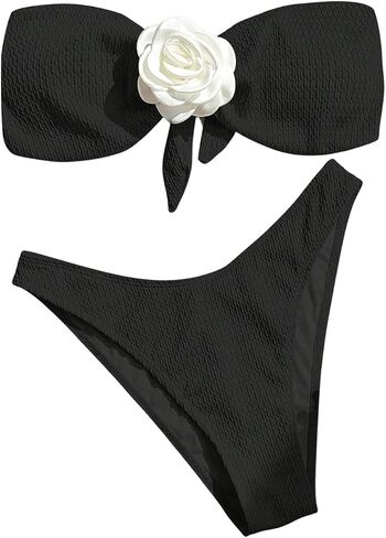 MakeMeChic Women's Two Piece Bikini Set 3D Flower Textured Strapless Bandeau Tie Back Bathing Suit in Saudi Arabia
