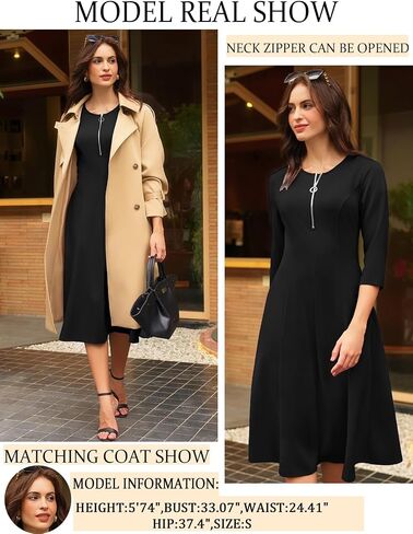 GRACE KARIN Womens Wear to Work Dresses Funeral Dress 3/4 Sleeve Zipper Front Empire Waist Aline Dress with Pockets in Saudi Arabia