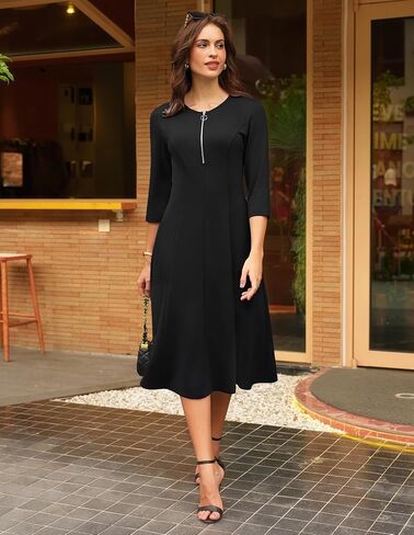 GRACE KARIN Womens Wear to Work Dresses Funeral Dress 3/4 Sleeve Zipper Front Empire Waist Aline Dress with Pockets in Saudi Arabia