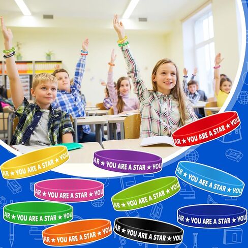 50 Pcs Star Performer Bracelets Star Student Rubber Wristbands 10 Color Reward Silicone Bracelets for Education Activities Student Kids School Classroom Teacher Recognition Award in Saudi Arabia