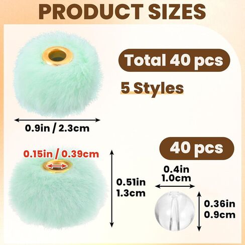 40pcs Colorful Soft Fluffy Beads, 0.23in Faux Fur Pom Pom Beads, Fuzzy Spacer Beads for Pens Earrings Keychains Hair Accessories Bag DIY Crafts- 10 Colors in Saudi Arabia
