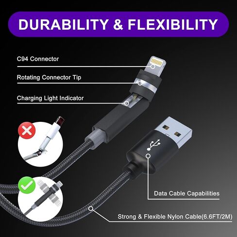 90 Degree iPhone Charging Cable with 360 Degree Rotating Head [MFi & 2.4A Fast Charge & Data Sync] Right Angle Nylon Braided Lightning Charger Cord Compatible Apple Carplay iPhone14 13 12 11 X 8 7 6 5 in Saudi Arabia
