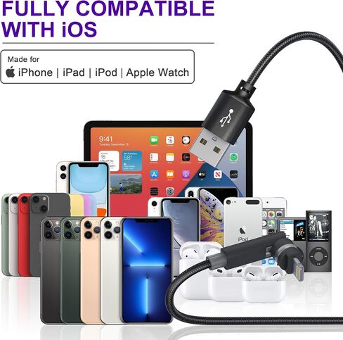 90 Degree iPhone Charging Cable with 360 Degree Rotating Head [MFi & 2.4A Fast Charge & Data Sync] Right Angle Nylon Braided Lightning Charger Cord Compatible Apple Carplay iPhone14 13 12 11 X 8 7 6 5 in Saudi Arabia