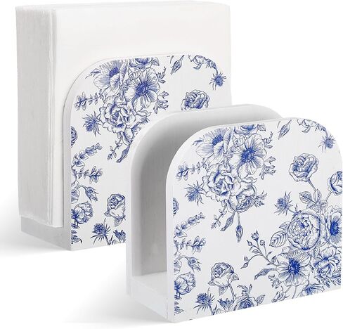 Napkin Holder Wood Napkin Dispenser Chinoiserie Floral Napkin Storage Blue and White Napkin Holder Stand for Table Wedding Kitchen Birthday Party Dining Room in Saudi Arabia