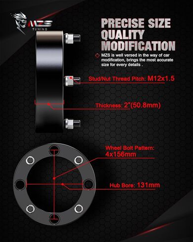 MZS 4x156 Wheel Spacers, 2" Thick 131mm Bore 12×1.5mm Compatible with 2013+ Ranger / 2014+ RZR XP 1000/2015+ RZR 4 Lug ATV UTV Tire-Set of 2 Black in Saudi Arabia