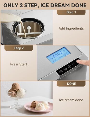 Ice Cream Maker with Compressor, Automatic Ice Cream Maker Machine - No Pre Freezing, 2.5L Ice Cream Machine and Gelato Maker with 3 Modes, LCD Display, Timer, 8H Keep Cool, Stainless Steel in Saudi Arabia