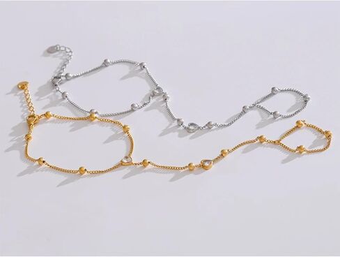 Hand Chain Tennis Bracelets for Women Trendy: Dainty Diamond Beaded Bracelet 14K Gold Plated/Silver Finger Ring Bracelet Hand Chain Jewelry Adjustable Sparkly Prom Bracelets in Kuwait