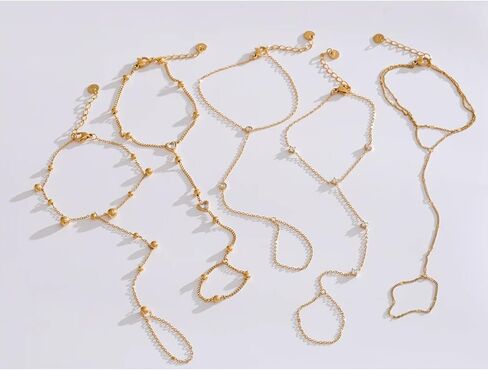Hand Chain Tennis Bracelets for Women Trendy: Dainty Diamond Beaded Bracelet 14K Gold Plated/Silver Finger Ring Bracelet Hand Chain Jewelry Adjustable Sparkly Prom Bracelets in Kuwait