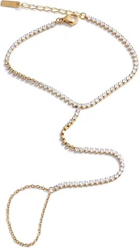 Hand Chain Tennis Bracelets for Women Trendy: Dainty Diamond Beaded Bracelet 14K Gold Plated/Silver Finger Ring Bracelet Hand Chain Jewelry Adjustable Sparkly Prom Bracelets in Kuwait