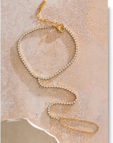 Hand Chain Tennis Bracelets for Women Trendy: Dainty Diamond Beaded Bracelet 14K Gold Plated/Silver Finger Ring Bracelet Hand Chain Jewelry Adjustable Sparkly Prom Bracelets in Kuwait