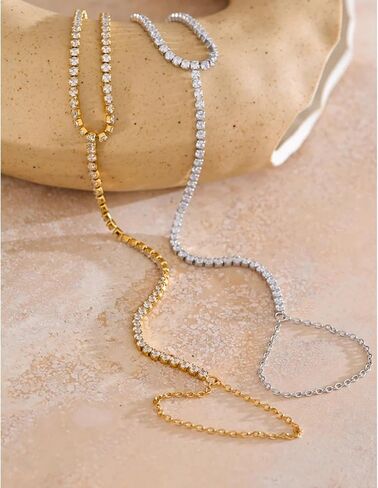 Hand Chain Tennis Bracelets for Women Trendy: Dainty Diamond Beaded Bracelet 14K Gold Plated/Silver Finger Ring Bracelet Hand Chain Jewelry Adjustable Sparkly Prom Bracelets in Kuwait