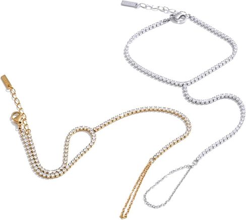Hand Chain Tennis Bracelets for Women Trendy: Dainty Diamond Beaded Bracelet 14K Gold Plated/Silver Finger Ring Bracelet Hand Chain Jewelry Adjustable Sparkly Prom Bracelets in Kuwait