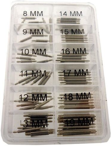 100 Piece Set Assorted Size Curved Spring Bars | Contains 20 Pieces of 14mm, 16mm, 18mm, 20mm, 22mm Spring Bars | Transparent 6 Compartment Organizer | Great for Watch & Jewelry Repair in Kuwait