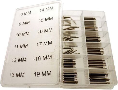 100 Piece Set Assorted Size Curved Spring Bars | Contains 20 Pieces of 14mm, 16mm, 18mm, 20mm, 22mm Spring Bars | Transparent 6 Compartment Organizer | Great for Watch & Jewelry Repair in Kuwait