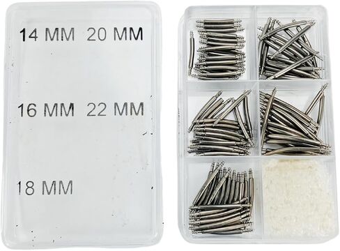 100 Piece Set Assorted Size Curved Spring Bars | Contains 20 Pieces of 14mm, 16mm, 18mm, 20mm, 22mm Spring Bars | Transparent 6 Compartment Organizer | Great for Watch & Jewelry Repair in Kuwait
