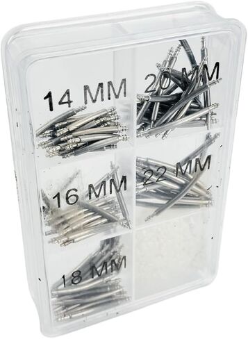 100 Piece Set Assorted Size Curved Spring Bars | Contains 20 Pieces of 14mm, 16mm, 18mm, 20mm, 22mm Spring Bars | Transparent 6 Compartment Organizer | Great for Watch & Jewelry Repair in Kuwait
