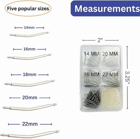 100 Piece Set Assorted Size Curved Spring Bars | Contains 20 Pieces of 14mm, 16mm, 18mm, 20mm, 22mm Spring Bars | Transparent 6 Compartment Organizer | Great for Watch & Jewelry Repair in Kuwait