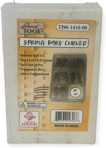 100 Piece Set Assorted Size Curved Spring Bars | Contains 20 Pieces of 14mm, 16mm, 18mm, 20mm, 22mm Spring Bars | Transparent 6 Compartment Organizer | Great for Watch & Jewelry Repair in Kuwait