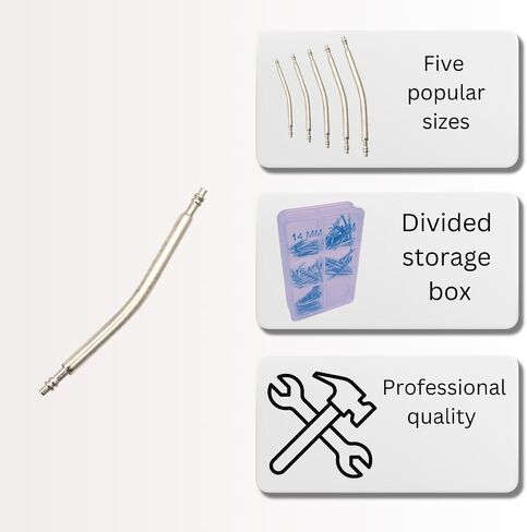 100 Piece Set Assorted Size Curved Spring Bars | Contains 20 Pieces of 14mm, 16mm, 18mm, 20mm, 22mm Spring Bars | Transparent 6 Compartment Organizer | Great for Watch & Jewelry Repair in Kuwait