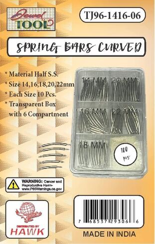 100 Piece Set Assorted Size Curved Spring Bars | Contains 20 Pieces of 14mm, 16mm, 18mm, 20mm, 22mm Spring Bars | Transparent 6 Compartment Organizer | Great for Watch & Jewelry Repair in Kuwait