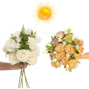 Solar-Chameleon Silk Roses Bouquet - 5 Stem 26" Sunlight Color Changing Roses Artificial Flowers,Fake Roses Long Stem for Arrangement Wedding Centerpiece Home Office Party Decor (White-Orange) in Kuwait