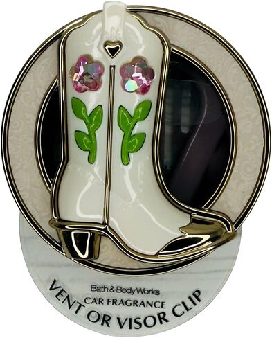 Bath and Body Works Cowgirl Boot White with Pink Flowers and Green Leaves Gold Trim Car Visor Fragrance Holder Easy To Open in Saudi Arabia