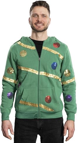 Mad Engine Extreme Christmas Tree Hoodie with Balls and Stars Green Zip-Up Costume Sweatshirt for Holiday Parties in Saudi Arabia