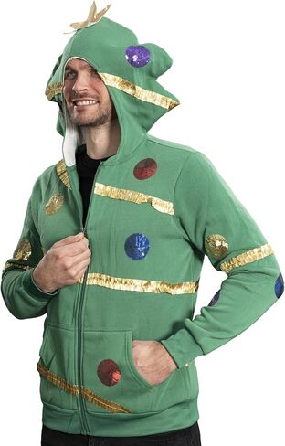 Mad Engine Extreme Christmas Tree Hoodie with Balls and Stars Green Zip-Up Costume Sweatshirt for Holiday Parties in Saudi Arabia