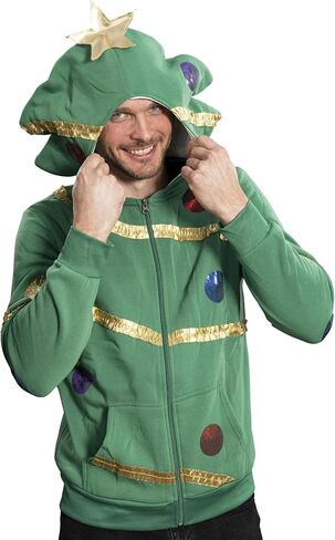 Mad Engine Extreme Christmas Tree Hoodie with Balls and Stars Green Zip-Up Costume Sweatshirt for Holiday Parties in Saudi Arabia