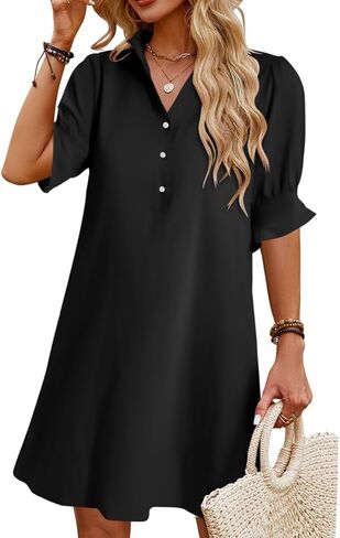 Womens Summer Shirt Dress 2025 Casual Ruffle Short Sleeve Button Down Flowy Swing Shift Mini Dresses with Pockets in Kuwait
