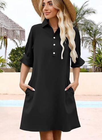 Womens Summer Shirt Dress 2025 Casual Ruffle Short Sleeve Button Down Flowy Swing Shift Mini Dresses with Pockets in Kuwait
