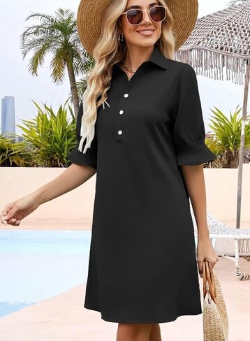 Womens Summer Shirt Dress 2025 Casual Ruffle Short Sleeve Button Down Flowy Swing Shift Mini Dresses with Pockets in Kuwait