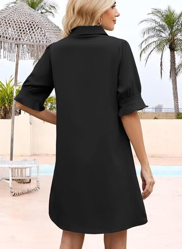 Womens Summer Shirt Dress 2025 Casual Ruffle Short Sleeve Button Down Flowy Swing Shift Mini Dresses with Pockets in Kuwait