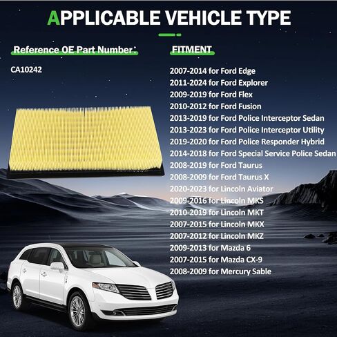 SCITOO 1pc Replacement Engine Air Filter for Ford Edge Explorer Flex Fusion Police Interceptor Sedan Utility Taurus X for Lincoln Aviator MKS MKT MKX MKZ for Mazda 6 CX-9 for Mercury Sable CA10242 in Saudi Arabia
