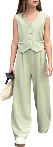 Floerns Girl's 2 Piece Outfit Sleeveless V Neck Blazer Vest and Wide Leg Pants Set in Kuwait