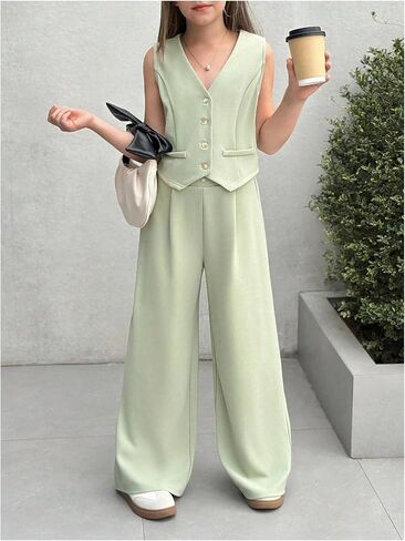 Floerns Girl's 2 Piece Outfit Sleeveless V Neck Blazer Vest and Wide Leg Pants Set in Kuwait
